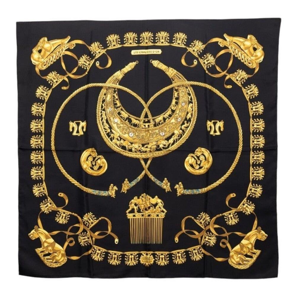 Hermes Carre 90 Les Cavaliers dOr The Golden Knights Scarf Black